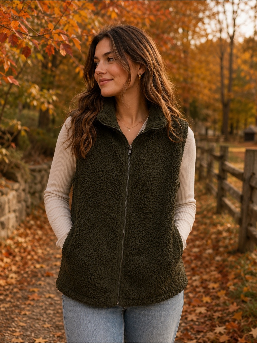 Umgee Olive Green Sherpa Zip Vest
